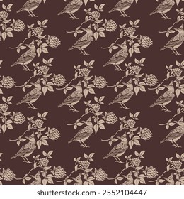 seamless birds pattern, monochrome, silhouette, hand drawn floral, leaves, endless, all over print to use textile, fabric, wallpaper, clothing, fashion, backdrop, packaging, gift wrap design vector