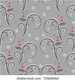 Seamless birds pattern on a branch and abstract flowers on a gray background. The pattern is made in vector, with the application of a clipping mask