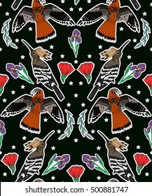 Seamless birds pattern. Set of stickers, pins, patches and handwritten notes collection in cartoon. Vector illustration