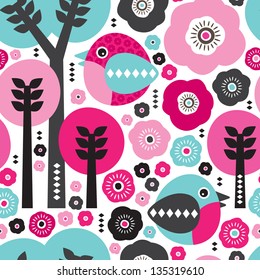 Seamless birds and trees illustration background pattern in vector