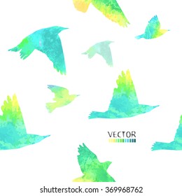 Seamless birds watercolor. A flock of colorful birds. Vector