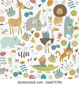 Seamless birthday background with Africa animals.  Cute   lion, elephant,   ostrich, alligator, rhino, hippo, giraffe, tiger and zebra in cartoon style.
