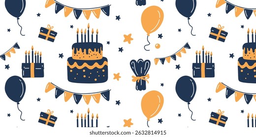 seamless birthday background,  cake, balloons and gifts pattern