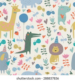 Seamless birthday background with cute alligator, bird, giraffe, hippo, rhino, elephant, lion, butterflies and flowers in cartoon style