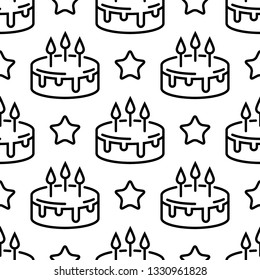 Seamless Birthday Cake Pattern. Line Cakes With Stars On A White Background