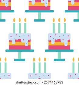  Seamless Birthday Cake Pattern with three Candles and Colorful Design