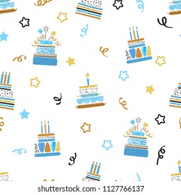 Seamless Birthday Cake Pattern. Wrapping Paper, Vector Illustration.