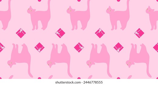 Seamless birthday cat pattern. Cute repeating texture with funny pink kitty and presents. Festive wrapping paper template. Birthday or new year background. 