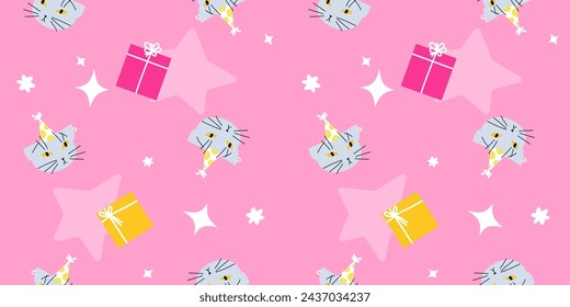 Seamless birthday cat pattern. Repeating texture with british shorthair, presents, stars and hats. Festive wrapping paper template. Birthday or new year background. 