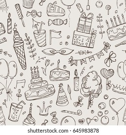 Seamless with Birthday elements and symbols: Birthday cake, balloon, Birthday gift, flowers, sweets, candle, garland, lemonade. Hand drawn vector doodles illustration.