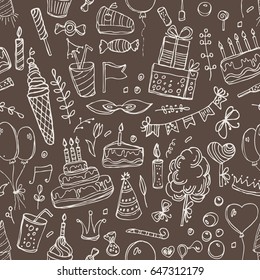 Seamless with Birthday elements and symbols: Birthday cake, balloon, Birthday gift, flowers, sweets, candle, garland, lemonade. Hand drawn vector doodles illustration.