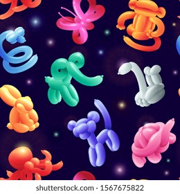 Seamless birthday or holiday pattern with balloon animals in realistic style, vector illustration. Endless background with party inflatable helium funny toys.