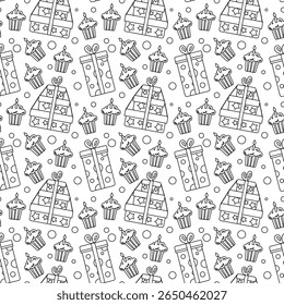 Seamless birthday party pattern in outline style on white background. Perfect for wrapping paper, invitations, packaging, and festive decorations.
