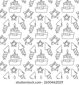 Padrão de festa de aniversário perfeito em estilo de contorno em fundo branco. Perfeito para embrulhar papel, convites, embalagem e decorações festivas.