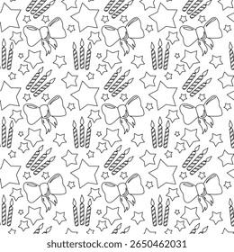 Padrão de festa de aniversário perfeito em estilo de contorno em fundo branco. Perfeito para embrulhar papel, convites, embalagem e decorações festivas.