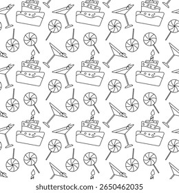 Padrão de festa de aniversário perfeito em estilo de contorno em fundo branco. Perfeito para embrulhar papel, convites, embalagem e decorações festivas.