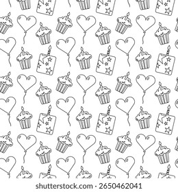 Padrão de festa de aniversário perfeito em estilo de contorno em fundo branco. Perfeito para embrulhar papel, convites, embalagem e decorações festivas.