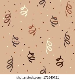 Seamless birthday pattern with a brown confetti on a pale cocoa background. Delicate background with a spiral confetti for holiday design.