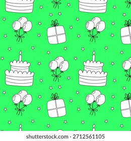 Seamless Birthday Pattern with Cake, Balloons, Gifts, and Stars – Black Outline Celebration Design for Invitations, Wrapping Paper, and Party Decorations