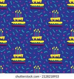 Seamless birthday pattern with birthday cake candles and confetti