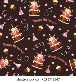 Seamless birthday pattern with cake, muffin, birthday hat, ribbon, star and text