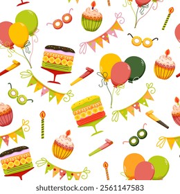 Seamless birthday pattern with cakes, balloons, candles, and decorations is perfect for wrapping paper, digital backgrounds, or festive crafts