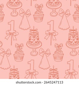 Seamless birthday pattern with cakes, cupcakes, bows, and number one on pink background. Celebrates a first birthday, festive decoration, and sweet childhood memories