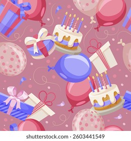 Seamless birthday pattern with cakes, gifts, and balloons on pink. Vector illustration