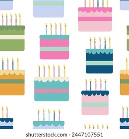 Seamless birthday pattern. Colorful cakes with cream and burning candles. For packaging, clothing, postcards.