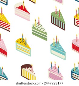 Seamless birthday pattern. Colorful cakes with cream and burning candles. Pieces of sliced ​​cake. For packaging, clothing, postcards.