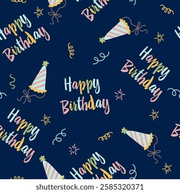 Seamless birthday pattern colorful festive elements on a navy background, wrapping paper design vector illustration
