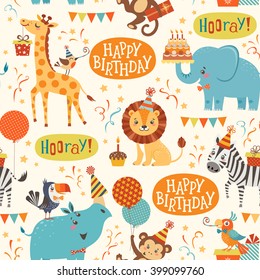 Seamless birthday pattern with cute jungle animals