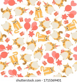 Seamless birthday pattern with cute owls and funny cat, balloons and gifts isolated on a white background. Cartoon texture in a flat style.