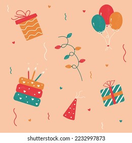 Seamless birthday pattern design with cake, gift boxes, confetti