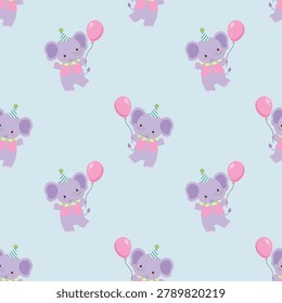 Seamless birthday pattern featuring a violet elephant character standing and holding a single pink balloon. The animal wears a green party hat and a pink collar. Repeated festive design isolated on a light blue background for wrapping paper print.