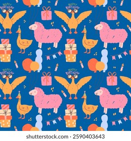 Seamless birthday pattern with hand drawn animals