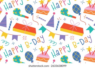 Seamless birthday pattern. Hand lettering happy b-day, cake with candles, party poppers, balloons, confetti. Cartoon vector illustrations. Kids wrapping paper, party decor, greeting cards, posters