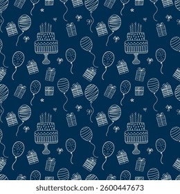 Seamless birthday pattern with hand-drawn cake, balloons, and gift boxes on dark background. Perfect for wrapping paper, party decor, and festive design