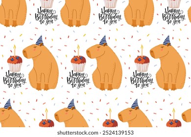 Seamless Birthday pattern. Happy birthday to you text and Cute Capybara, Funny character for birthday. Cartoon happy Capybara. Repeated background, wallpaper, wrapping paper, packing, textile.