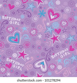 Seamless Birthday Pattern with Hearts and Stars Back to School Style Sketchy Notebook Doodle Design- Hand-Drawn Vector Illustration Background