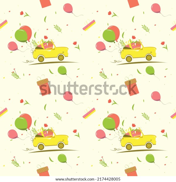 Seamless\
birthday pattern. Holiday pattern with gifts and balloons in pink\
and green. Yellow retro car driving to birthday party. Birthday\
pattern for package print or\
decoration.
