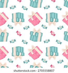 Seamless birthday pattern with pastel gift boxes and candy. Cute repeating pattern featuring pink and teal present boxes with bows and matching candy pieces, perfect for celebrations.
