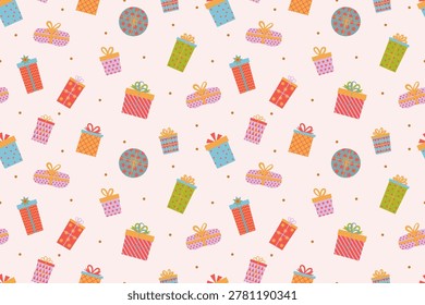 Seamless birthday pattern with small colorful wrapped gift boxes, ribbons, and tiny gold dots on a light pink background. Festive holiday backdrop texture for celebration wrapping paper.