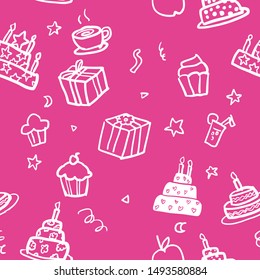 Seamless birthday pink white pattern hand drawn