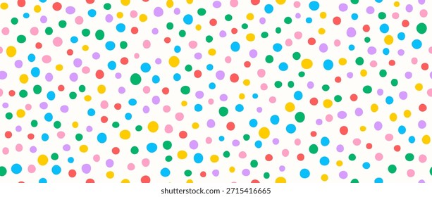 Patrón de lunares de cumpleaños sin costuras. Fondo de confeti redondo repetido brillante colorido. Fondo de pantalla punteado lindo para el papel de embalaje de Pascua, diseño de decoración de cumpleaños, decoración de cuarto de niños bday. Vector