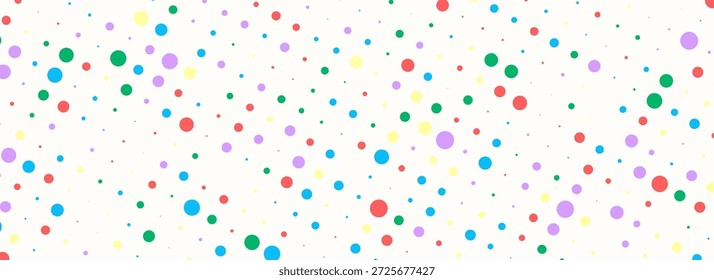 Seamless birthday polka dot pattern. Colorful bright repeated round confetti background. Cute dotted wallpaper for Easter wrapping paper, birthday decoration design, kid bday nursery decor. Eps10
