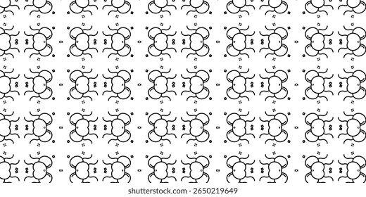 Padrão abstrato preto contínuo que se assemelha a formas florais e de insetos, ideal para fundos e design têxtil. Inclui simetria e arte de linha minimalista.