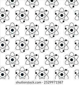 Seamless Black Atom Pattern on White Background. Concept of Science Illustration, Atomic Structure, Chemistry, Physics. Educational Design Element, Scientific Wallpaper, Wrapping paper, Print