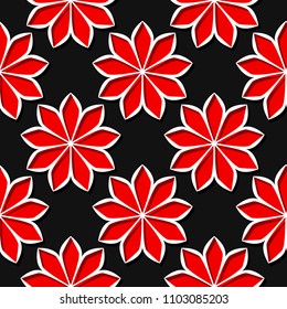 Seamless black background with 3d floral red elements. Vector illustration