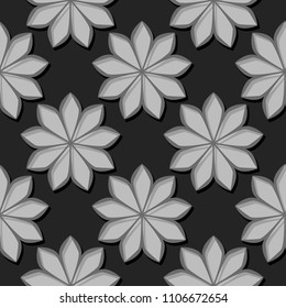 Seamless black background with 3d floral elements. Vector illustration
